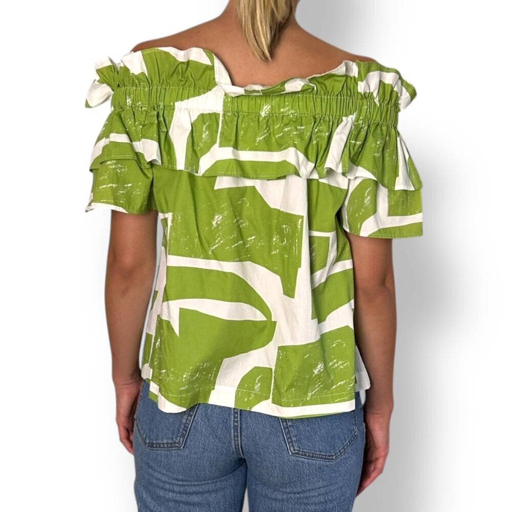 MeimeiJ Abstract Green White Print Top Off Shoulder Ruffle Cotton Sz XS (Ital 38 - Picture 4 of 8